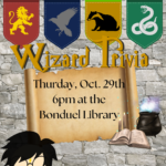 Stone wall background with Hogwarts house banners, top of Harry Potter's Head, and a cauldron and spell book. Text reads, "Wizard Trivia".