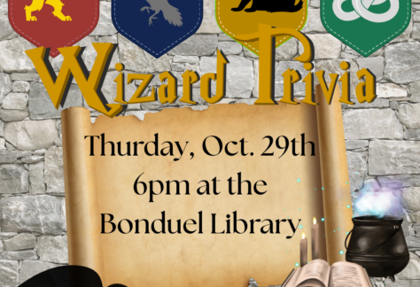 Stone wall background with Hogwarts house banners, top of Harry Potter's Head, and a cauldron and spell book. Text reads, "Wizard Trivia".