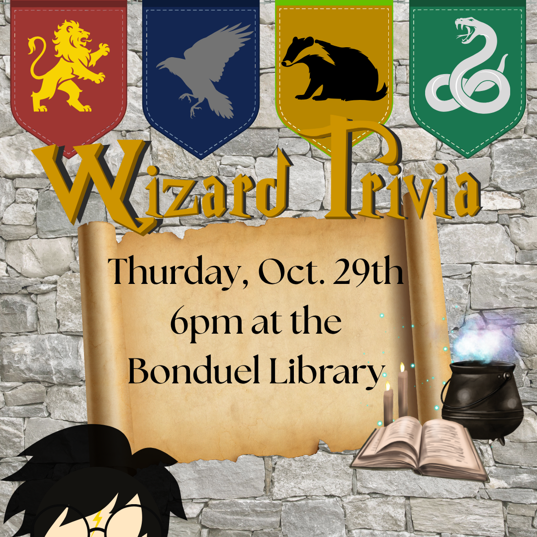 Stone wall background with Hogwarts house banners, top of Harry Potter's Head, and a cauldron and spell book. Text reads, "Wizard Trivia".