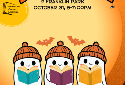 "Halloween Book Giveaway @ Franklin Park October 31, 5-7:00pm" Shawano County Library logo Image of three little ghosts