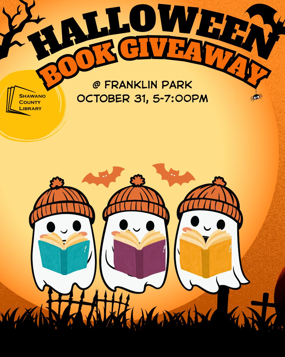"Halloween Book Giveaway @ Franklin Park October 31, 5-7:00pm" Shawano County Library logo Image of three little ghosts