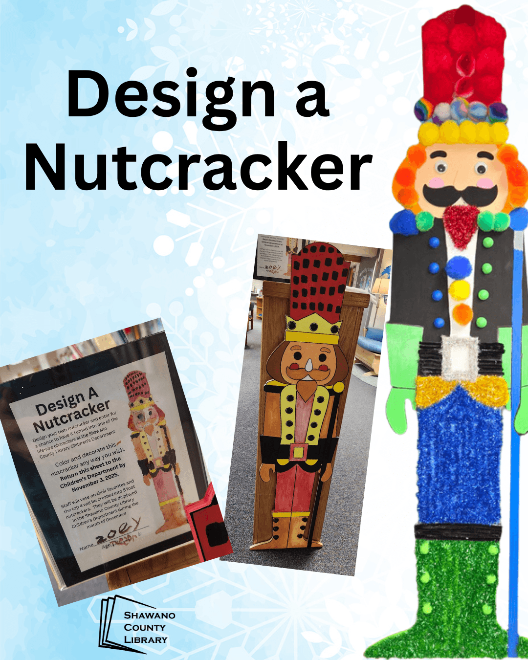 "Design a Nutcracker" Images of nutcracker art Shawano County Library logo