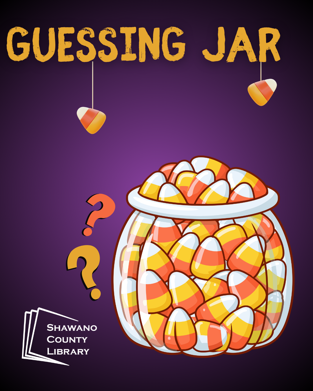 "Guessing Jar" Shawano County Library logo Image of a jar of candy corn