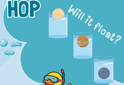 "Homeschool Hop Will it float?" Image of a rubber duck Shawano County Library logo