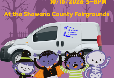 "Trunk or Treat 10/16/2026 5-8pm At the Shawano County Fairgrounds" Image of Ethel the Library Van and Halloween creatures