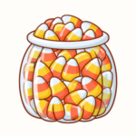 A glass jar packed with colorful orange, yellow, and white candy corn, links to more information