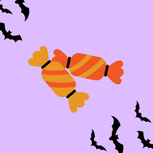 Orange-and-yellow wrapped candy on lavender, surrounded by black bats, links to more information