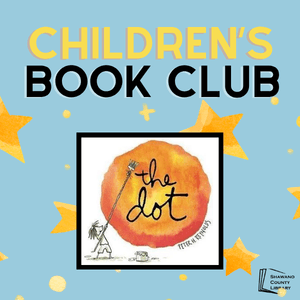 Blue background with golden stars and book cover The Dot.