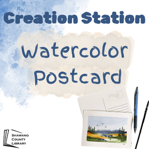 Blue watercolor background with image of postcard on top.