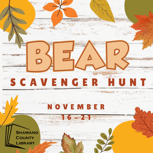 "Bear Scavenger Hunt November 16-21" Shawano County Library logo