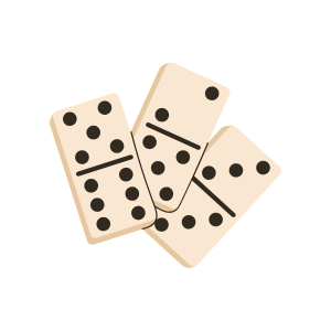 Three cream domino tiles overlap on a white background, links to more information