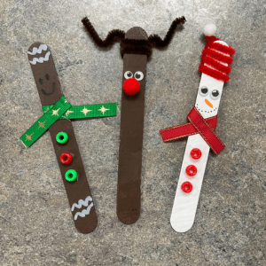 Gingerbread man, reindeer, & snowman ornaments made from popsicle sticks, links to more information