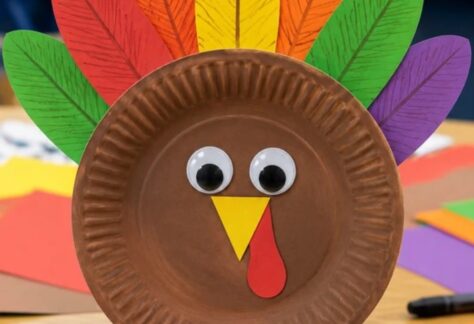 Image of a colorful turkey made with a painted paper plate