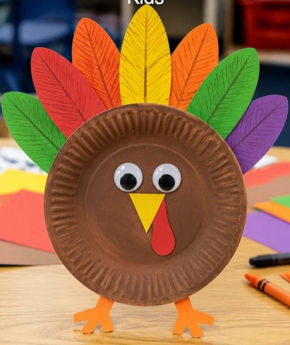 Image of a colorful turkey made with a painted paper plate